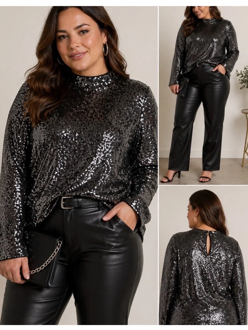 NWT NEW Lane Bryant Silver Gunmetal Gray Sequin Mock Neck L/S Blouse Plus 14